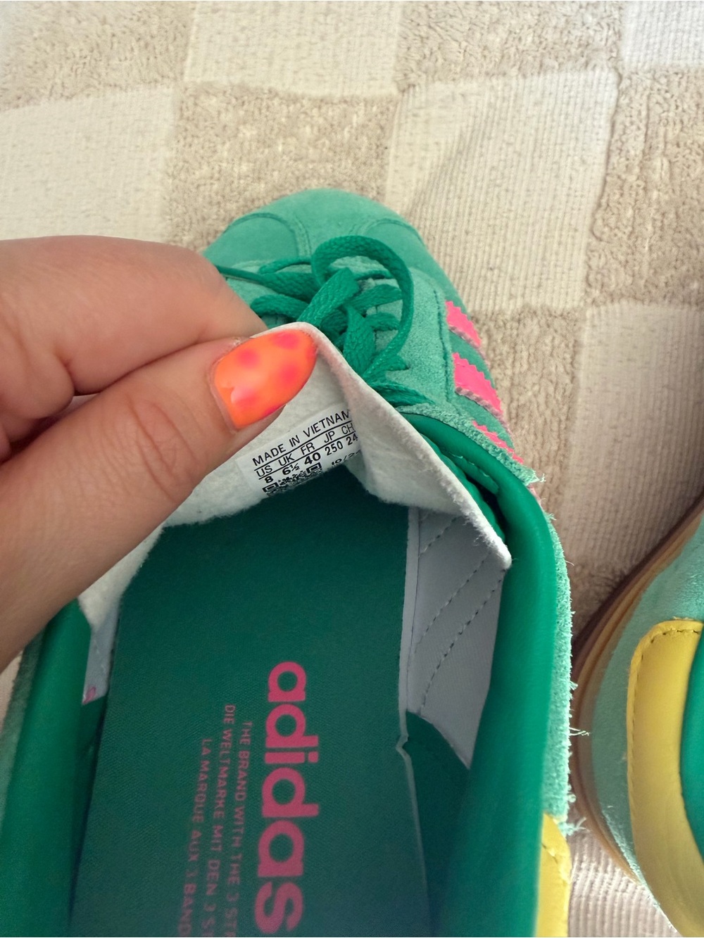 adidas Women’s Teal Suede Sneakers with Pink Three Stripes and Yellow Heel - Picture 7 of 7